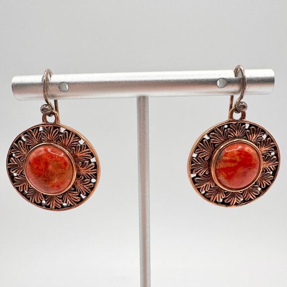 Barse THAI CU Sponge Coral Copper Earrings Leaf Motif Shield Dome Boho Bohemian - Picture 2 of 10